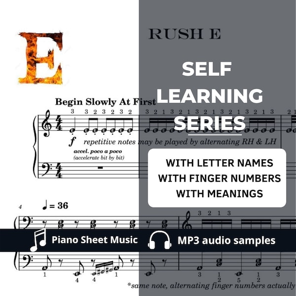 RUSH E | Partitions de piano intermédiaire avec noms de notes et numéros de doigts + exercices GRATUITS
