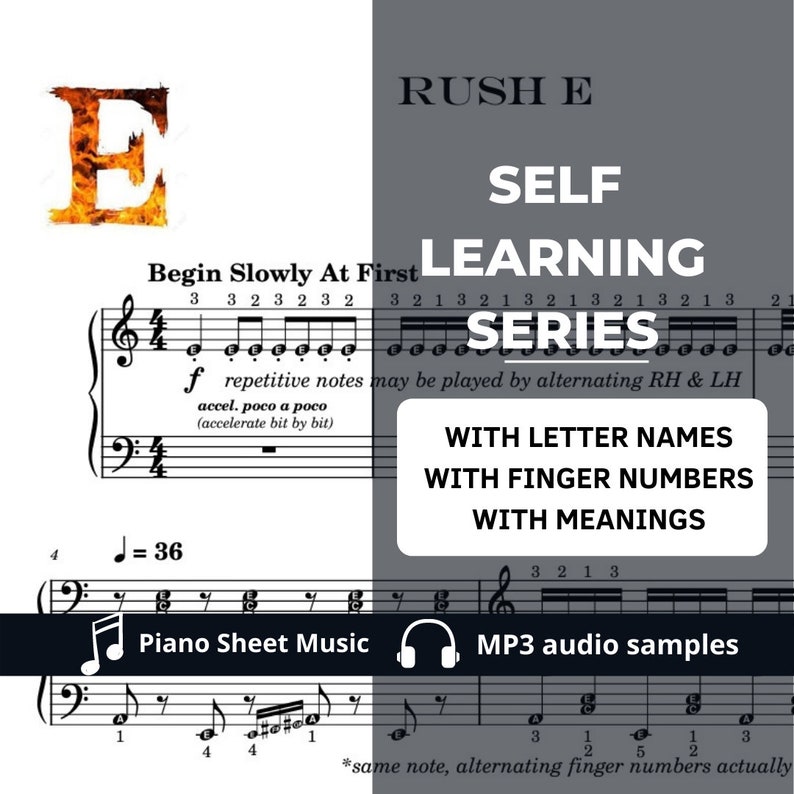 RUSH E Intermediate Piano Sheet Music With Note Names and Finger