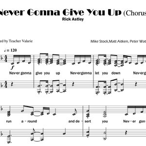 Never Gonna Give You Up (Rick Roll) *Chorus only* Intermediate Piano Sheet  Music with note names & lyrics printable downloadable