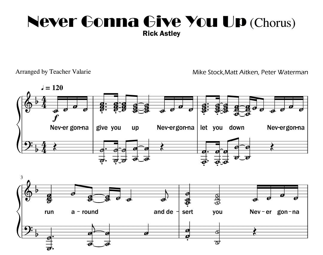 Never Gonna Give You Up (Rick Roll) *Chorus only* Intermediate Piano Sheet  Music with note names & lyrics printable downloadable