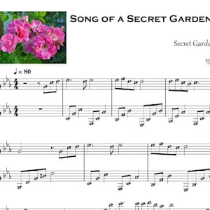 May include: Sheet music for a piano piece titled "Song of a Secret Garden" by Secret Gardens, composed in 1995. The music features a treble clef and a bass clef, with notes and rests arranged on the staff.