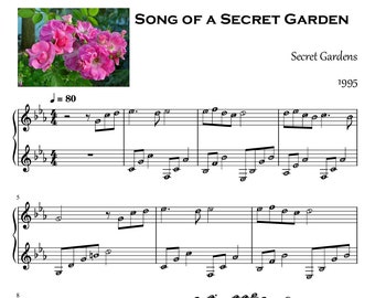 Może przedstawiać: Nuty do utworu na fortepian zatytułowanego "Song of a Secret Garden" autorstwa Secret Gardens, skomponowanego w 1995 roku. Utwór zawiera klucz wiolinowy i klucz basowy, z nutami i pauzami rozmieszczonymi na pięciolinii.