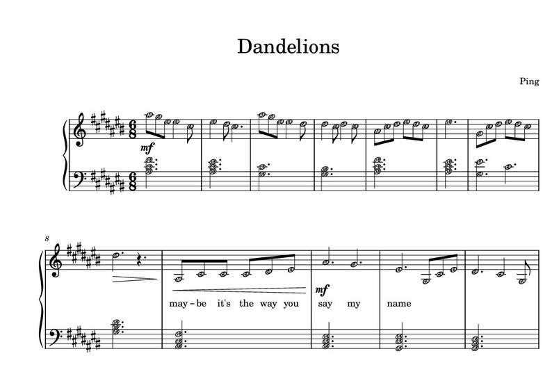 DANDELIONS Easy Piano Sheet Music Score With Note Names Ruth B
