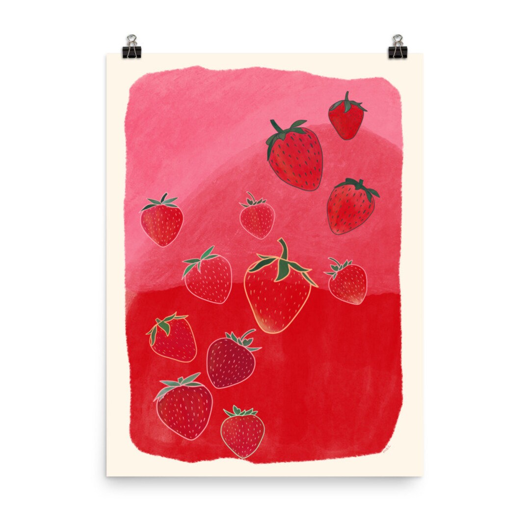 Strawberries on Pink Illustration Print - Etsy