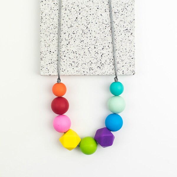 Rainbow Silicone Necklace, Sensory Beads, Colourful Fiddle Necklace.