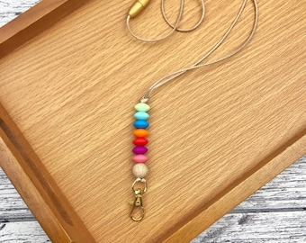 Rainbow Lanyard, Beaded ID Holder with Gold or Silver Badge Clip - Teacher, Nurse, ID Card Necklace - Gift for Her