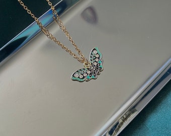 Gold Floral Moth Pendant Necklace | Stainless Steel Green Moth Adjustable Necklace | FREE SHIPPING