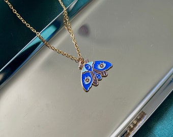 Gold Moth Pendant Necklace | Stainless Steel Blue Moth Adjustable Necklace | Luna Moth