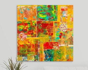 Vibrant art print, Contemporary artwork, Multicolor canvas wall art, bright office decor, collage print, housewarming gift, Mothers Day