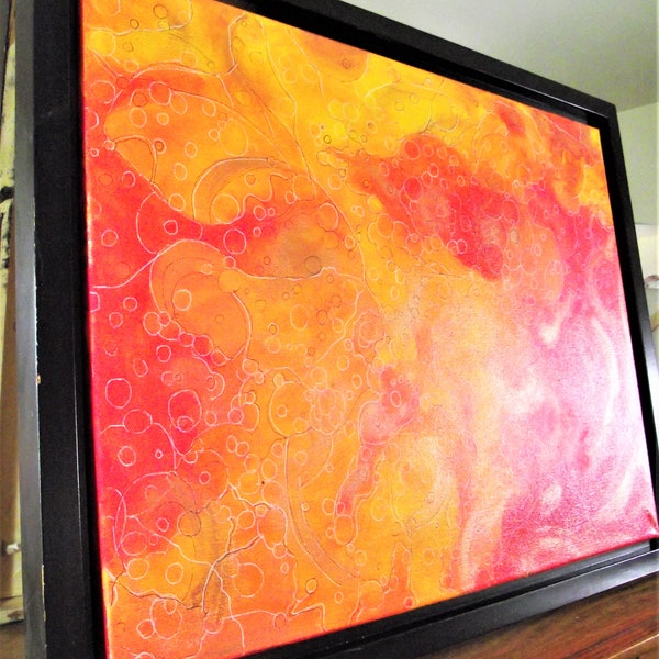 Vibrant orange painting, red original art, Susan D Sharp, framed artwork, housewarming gift, wedding present, Womens office decor, zoom art