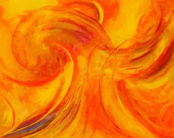 Phoenix rising vibrant orange art, original painting, bold yoga studio decor, neon red artwork, inspirational get well gift, healing art