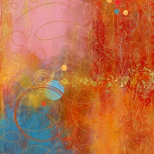 An abstract painting with mica powder and graphic overlay in pink, red, blue, orange, and gold. Circles and abstract markings on top in ink.