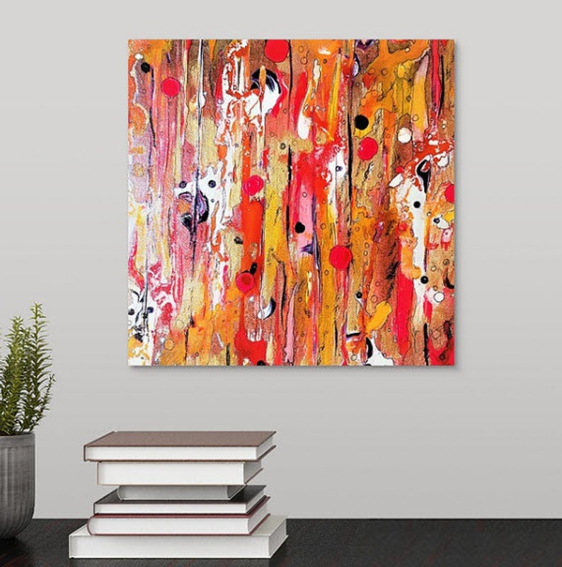 Copper and red abstract art, contemporary canvas art print, small square artwork, gift for boss, modern office decor, thank you gift for him image 1