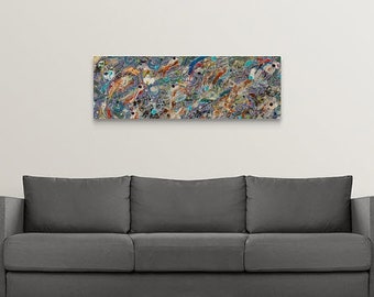 Over the couch art, blue contemporary abstract canvas print, housewarming gift, 16 x 48 headboard wall hanging, wedding present, She shed