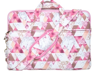 TaylorHe Canvas Laptop Bag Pink Triangles Sparkles on Marble Pattern