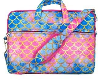 TaylorHe Canvas Laptop Bag Mermaid Scale Pattern Pink Blue Gold