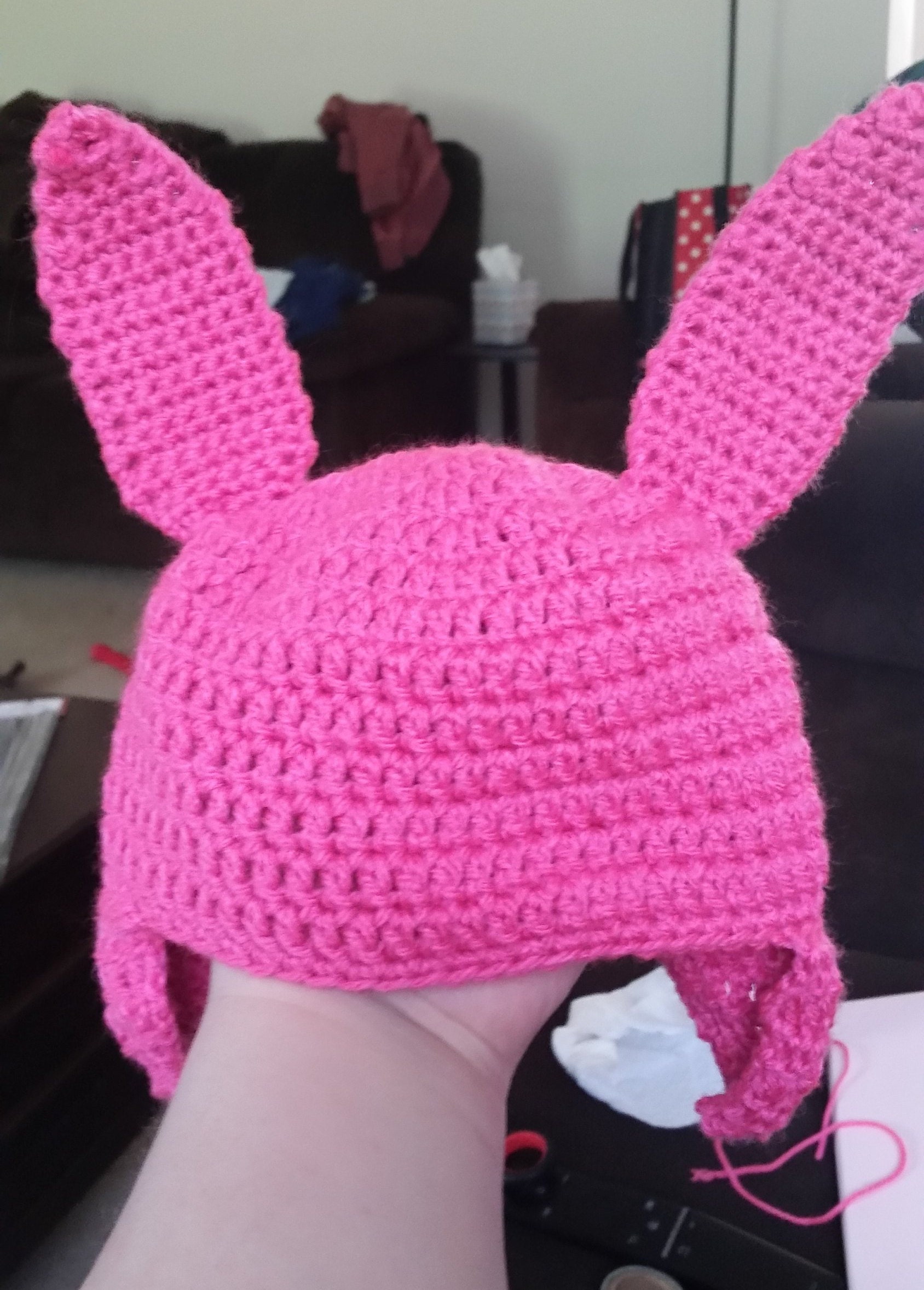 New Pink Rabbit Ear Beanies Women Louise Belcher Whimsical Handmade Knitted  Hats Fashion Party Mask Balaclava Warm Winter Hat