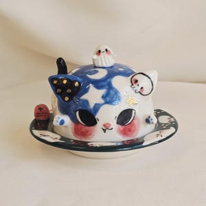 Spooky Starry Universe Kitty Bebe (blue) - Plate and Lid (Jewerly box)
