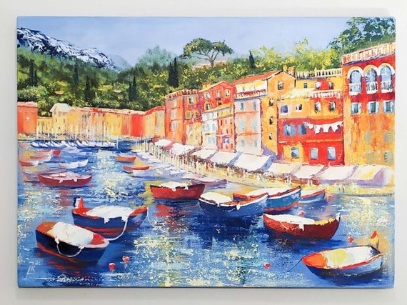 Portofino Oil Painting Italy City Art Colorful Landscape Art | Etsy