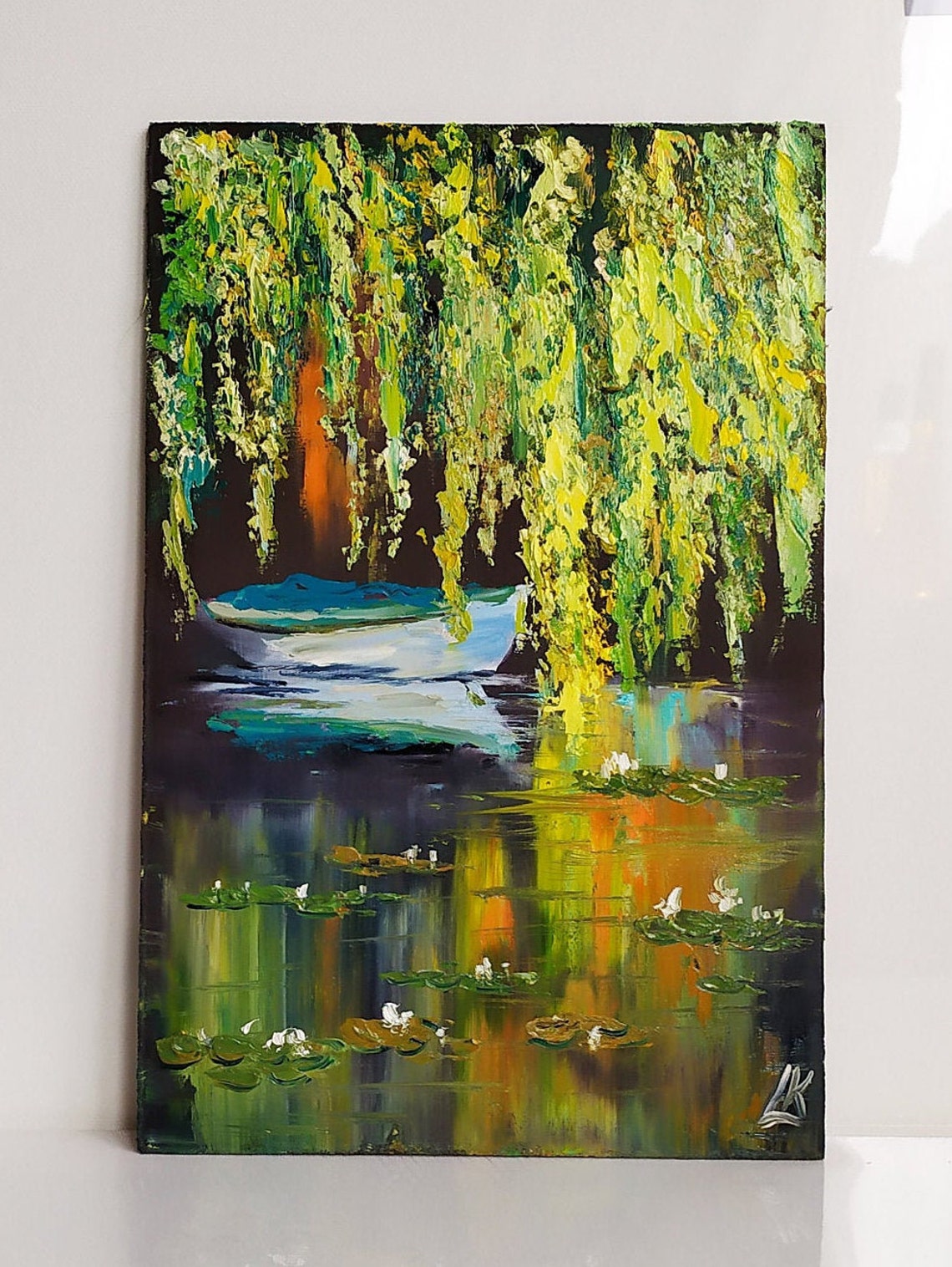 Water Lily Pond Original Oil Painting Wooden Boat Art Row Boat Etsy