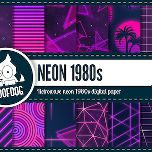May include: Digital paper set with a neon 1980s theme. The designs include geometric shapes, grids, and a sunset with palm trees, in pink and purple. The text "NEON 1980s" is displayed with the Roofdog logo.