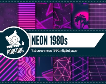 Neon digital paper | Retowave digital paper | 1980s neon pattern | pink and purple neon | neon triangle | retro wave sun palm tree tron grid