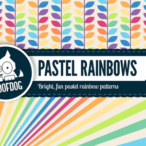 May include: A graphic design featuring the text "PASTEL RAINBOWS" with a cartoon dog logo. The design includes colorful leaf patterns and a striped rainbow background. The text "Bright, fun pastel rainbow patterns" is also included.