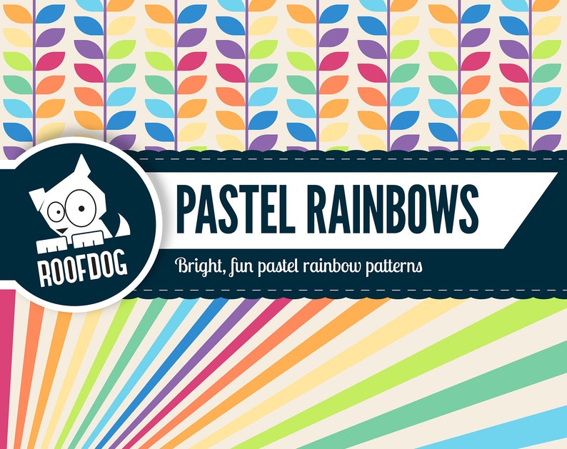 May include: A graphic design featuring the text "PASTEL RAINBOWS" with a cartoon dog logo. The design includes colorful leaf patterns and a striped rainbow background. The text "Bright, fun pastel rainbow patterns" is also included.