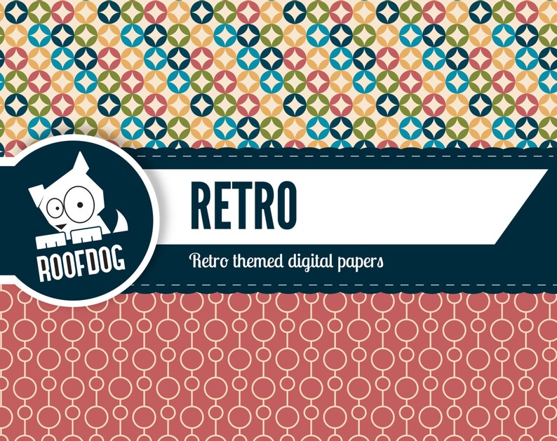 May include: Retro themed digital papers with a cartoon dog illustration and the text "Roofdog" in a circle. The background is a repeating pattern of colorful circles and diamonds.