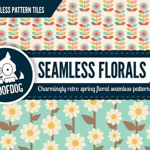 May include: Seamless floral pattern tiles in a retro style. The image features two distinct floral patterns: one with teal, pink, and yellow flowers on a cream background, and another with white daisies on a teal background. The text reads "Seamless Florals".