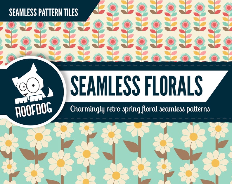 May include: Seamless floral pattern tiles in a retro style. The image features two distinct floral patterns: one with teal, pink, and yellow flowers on a cream background, and another with white daisies on a teal background. The text reads "Seamless Florals".