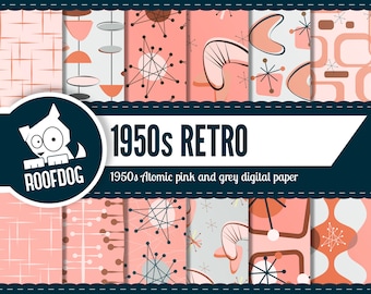 1950s Atomic Digital Paper Pack | Pink & Gray Retro Designs (Digital Download)