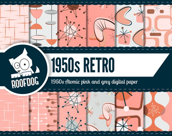 1950s retro wallpaper | mid century atomic | pink and gray | atomic boomerang | starburst | vintage retro 1950s 1960s digital paper pack Il_570xn