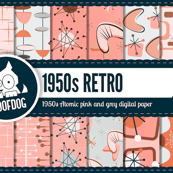 jaren 1950 retro behang | halverwege de eeuw atomaire | roze en grijs | atomaire boemerang | Starburst | Vintage retro 1950s 1960s digitale papier pack