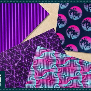 1980s digital paper Purple neon digital paper 1980s retrowave pattern purple neon neon triangle retro wave sun palm tree stripes image 4