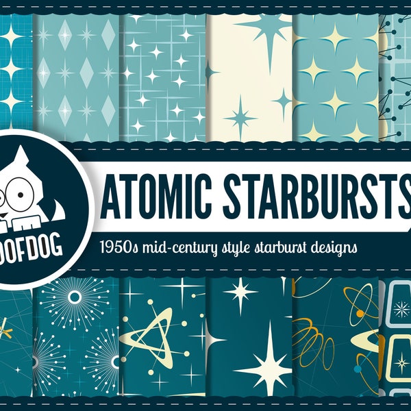 Atomic starbursts digitale papieren | Jaren 1950 Atoompatroon | atoomsterbursts uit het midden van de eeuw | Retro atomaire digitale | atoomruimte uit het midden van de eeuw