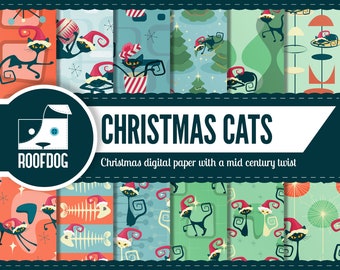 Christmas digital paper | Mid-century Christmas cats digital paper | Xmas cats | Atomic Christmas | Mid century modern cats | Atomic cat