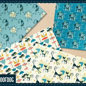 May include: Four different retro-style patterned papers featuring black cats and geometric shapes in shades of blue, yellow, red, and white.
