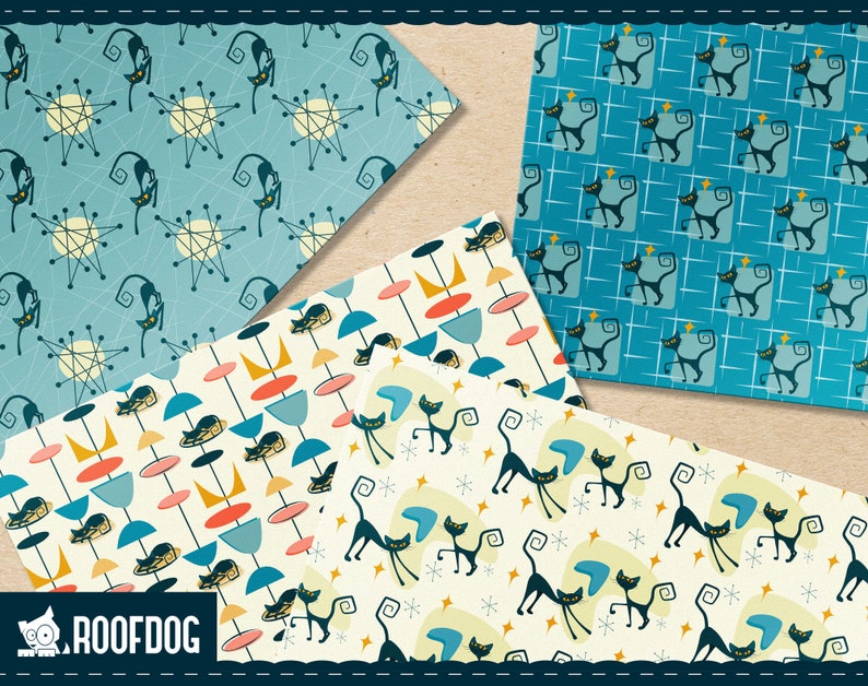 May include: Four different retro-style patterned papers featuring black cats and geometric shapes in shades of blue, yellow, red, and white.