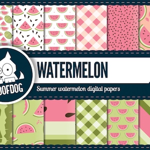 Pode incluir: Uma cole&ccedil;&atilde;o de pap&eacute;is digitais com tema de ver&atilde;o com padr&otilde;es de melancia. Os designs incluem fatias de melancia, sementes e padr&otilde;es de casca em rosa, verde e branco. O texto "WATERMELON" e "Summer watermelon digital papers" &eacute; exibido.