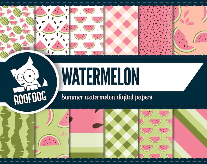 Pode incluir: Uma cole&ccedil;&atilde;o de pap&eacute;is digitais com tema de ver&atilde;o com padr&otilde;es de melancia. Os designs incluem fatias de melancia, sementes e padr&otilde;es de casca em rosa, verde e branco. O texto "WATERMELON" e "Summer watermelon digital papers" &eacute; exibido.