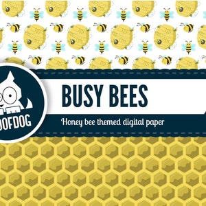 Puede incluir: Papel digital con tem&aacute;tica de abejas. El dise&ntilde;o presenta un patr&oacute;n repetitivo de colmenas amarillas y abejas de dibujos animados sobre un fondo blanco. El texto "Busy Bees" se muestra en una pancarta azul marino, con el logotipo de Roofdog en la esquina.