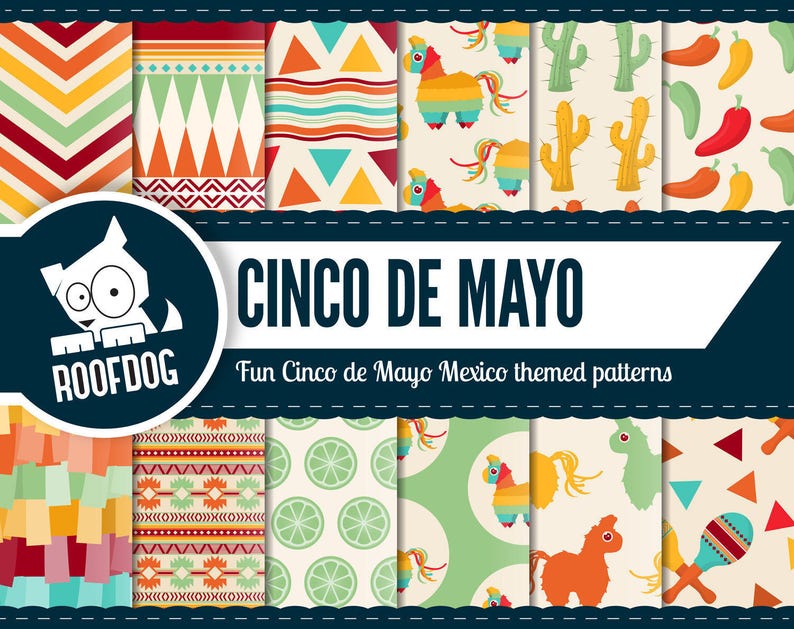 May include: A collection of colorful Cinco de Mayo themed patterns. The designs include geometric shapes, cacti, chili peppers, pinatas, and lime slices. The text "Cinco de Mayo" and "Fun Cinco de Mayo Mexico themed patterns" are also displayed.