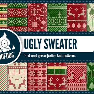 Ugly sweater Christmas digital paper Christmas sweater pattern red and green festive paper pack instant download knit texture nordic image 1