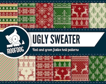 May include: A set of 10 digital patterns featuring red and green festive knit designs. The patterns include reindeer, snowflakes, trees, and stripes. The patterns are perfect for creating holiday-themed crafts, apparel, and home decor.