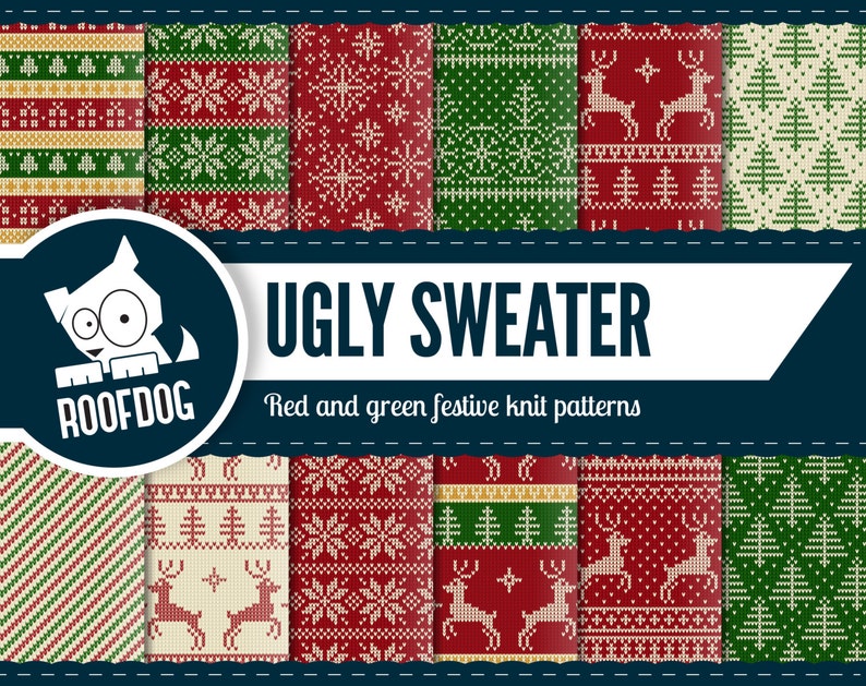 Ugly sweater Christmas digital paper Christmas sweater pattern red and green festive paper pack instant download knit texture nordic image 1