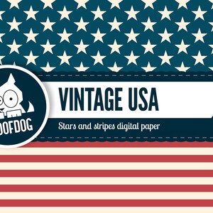 Puede incluir: Dise&ntilde;o de papel digital con un tema vintage de EE. UU. El dise&ntilde;o presenta un fondo azul con estrellas blancas, una secci&oacute;n de rayas blancas y rojas y el texto "VINTAGE USA" con "Stars and stripes digital paper". Tambi&eacute;n hay un logotipo de Roofdog.
