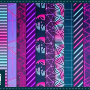 1980s digital paper Purple neon digital paper 1980s retrowave pattern purple neon neon triangle retro wave sun palm tree stripes image 2