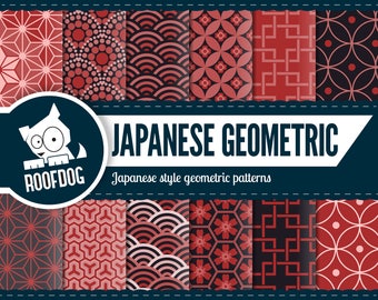 Japanese Geometric Paper | Red & Black Floral, Wave Pattern (Digital Download)