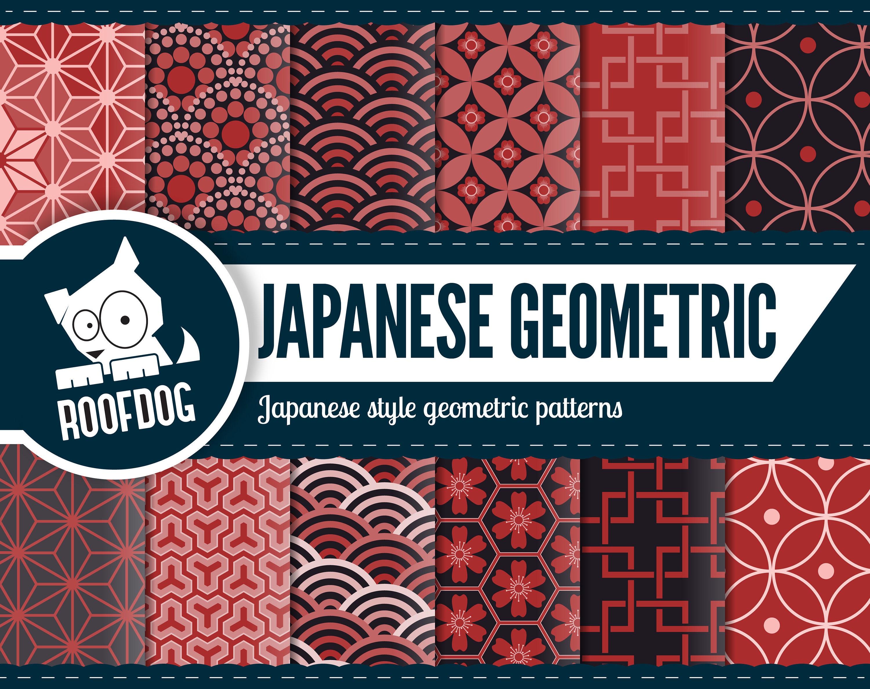 Japanese Geometric Digital Paper Japanese Pattern Red and Black Floral